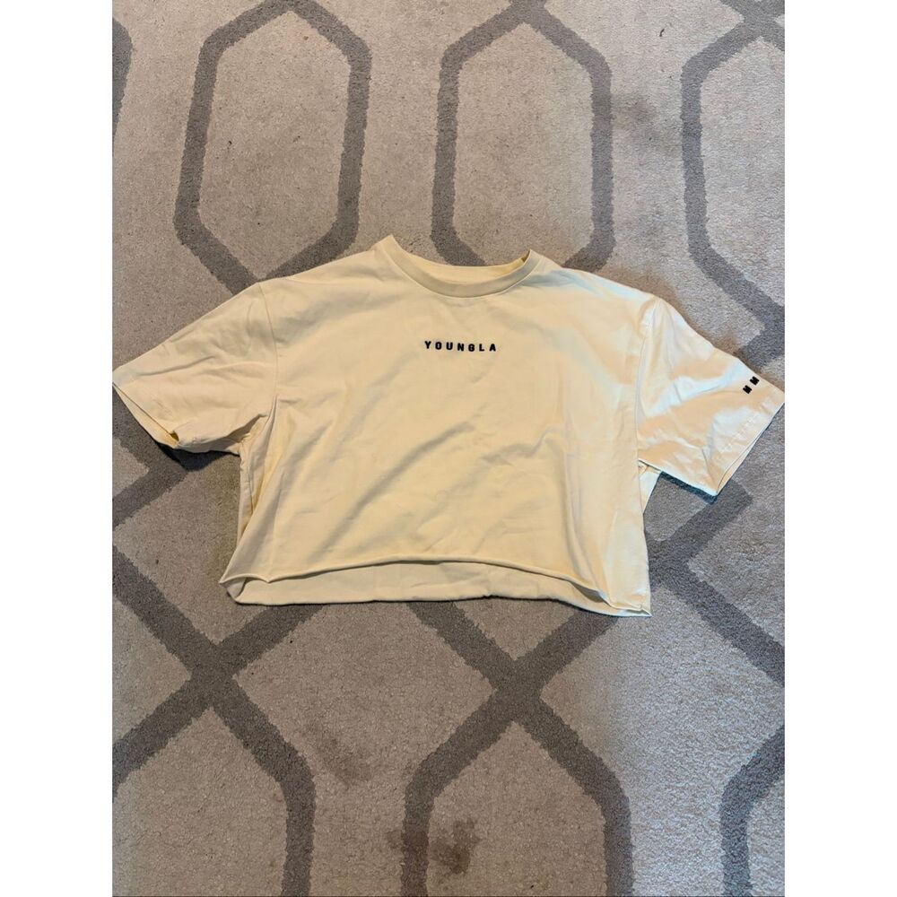 YoungLA Logo Yellow Cream Cropped Baby Tee Fitted Athleisure Top Size XS